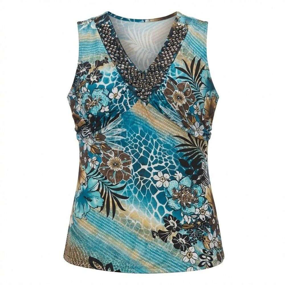 New Directions Beaded Dress Top Womens 2XL Blue Floral Sleeveless